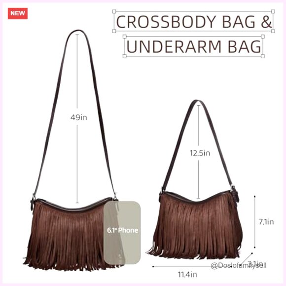 Fringe Suede Hobo Bag with Detachable Straps, Crossbody Shoulder Purse - Picture 4 of 7
